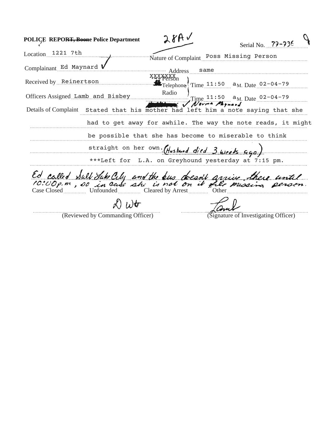 Missing person report 79-336, Boone Police Department, February 4, 1979