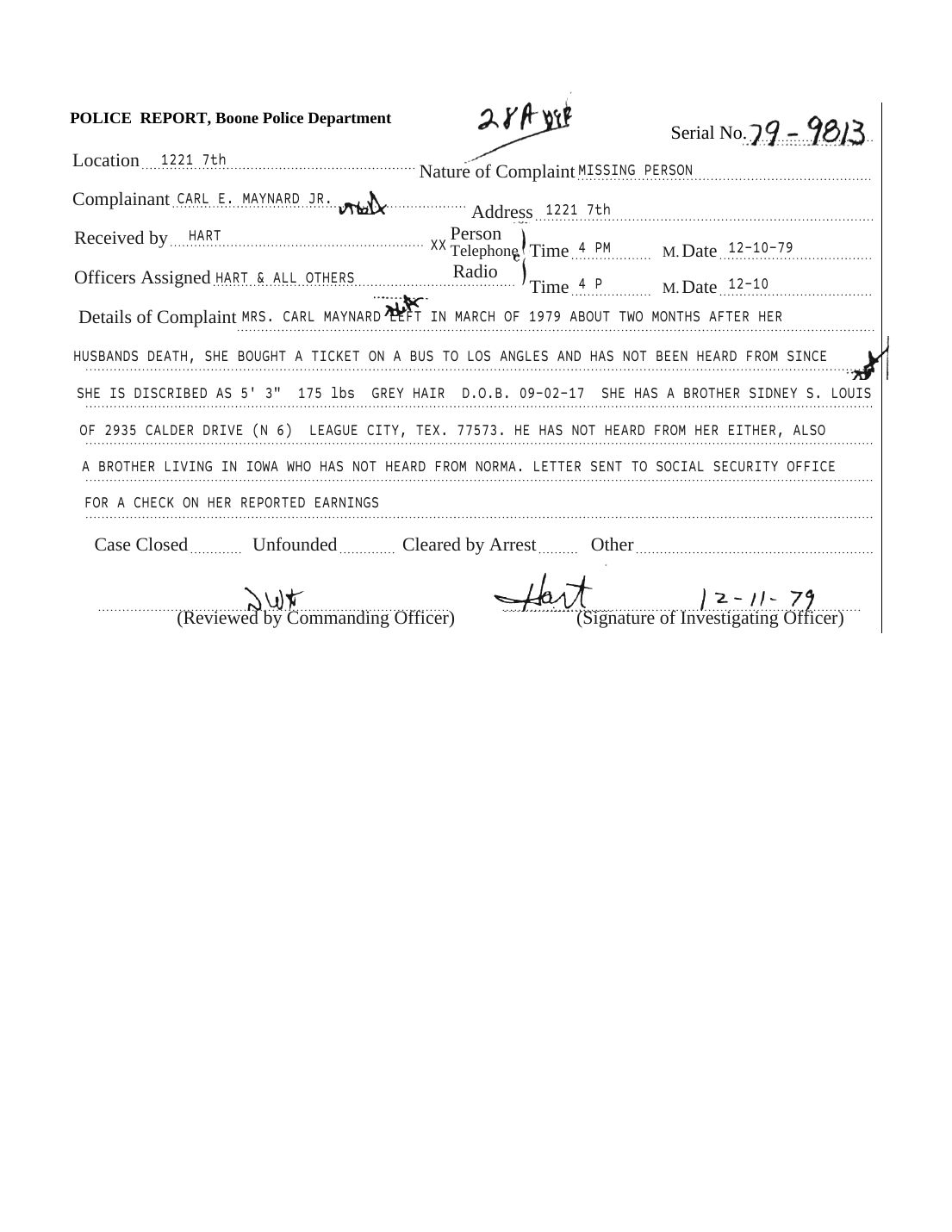 Missing person report 79-9813, Boone Police Department, December 10, 1979