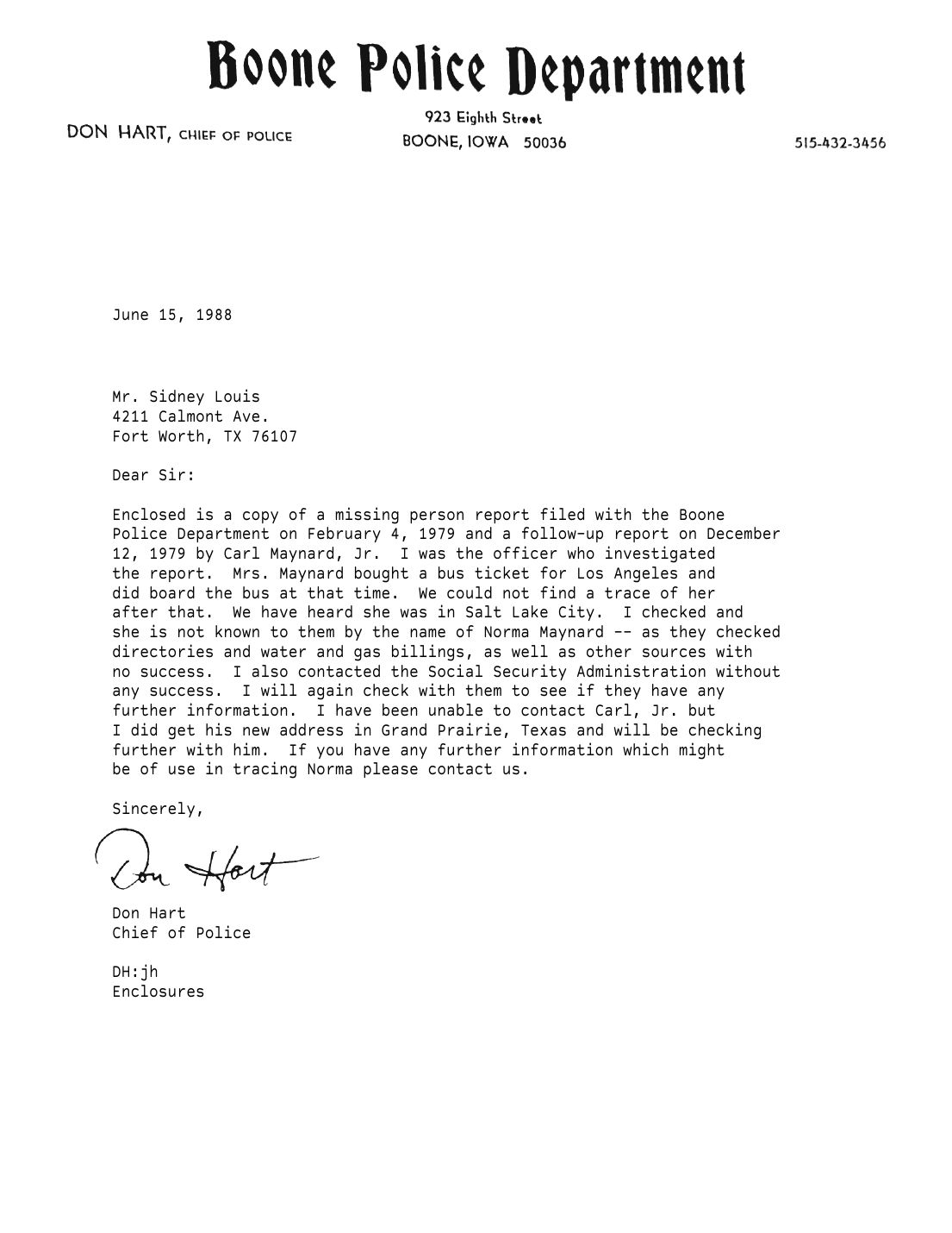 Letter to Sidney Louis, Don Hart, Chief of Police, Boone, June 15, 1988