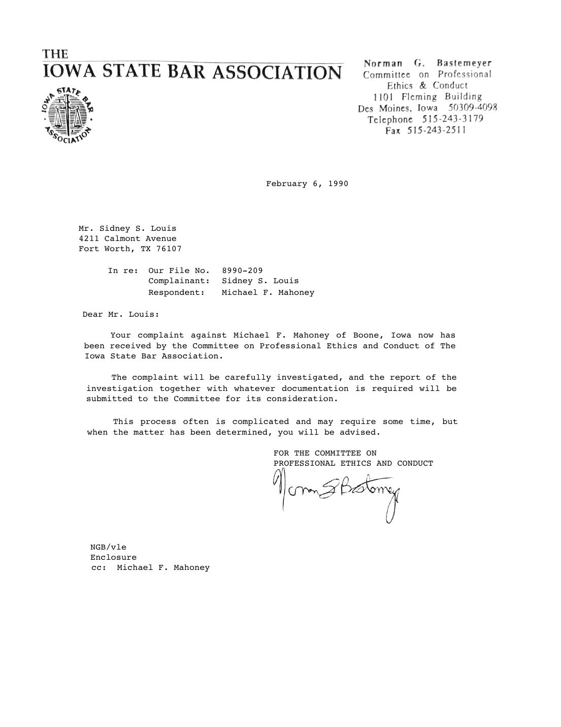 Letter to Sidney Louis, Norman G. Bastemeyer, Committee on Professional Ethics and Conduct, February 6, 1990