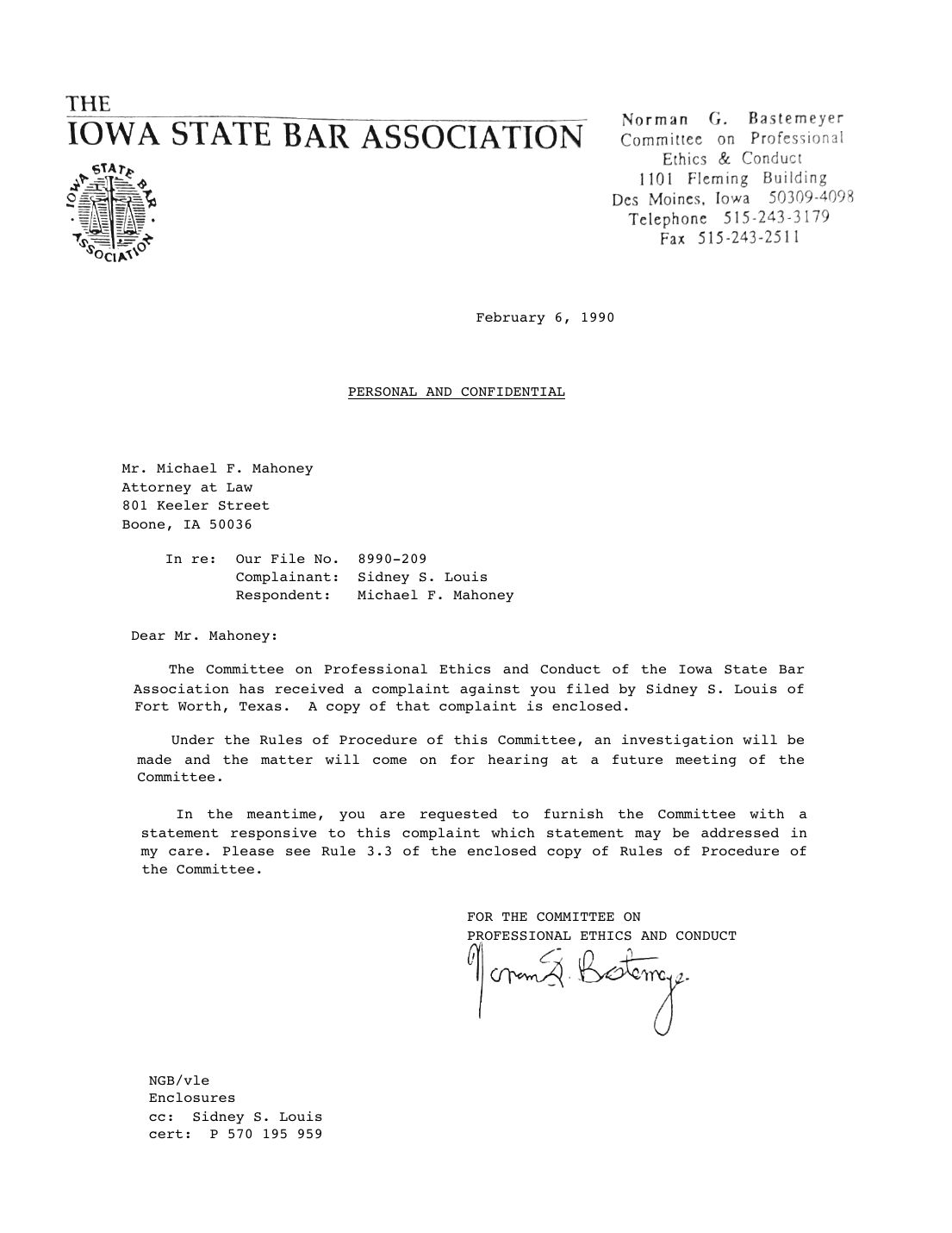 Letter to Michael F. Mahoney, Norman G. Bastemeyer, Committee on Professional Ethics and Conduct, February 6, 1990