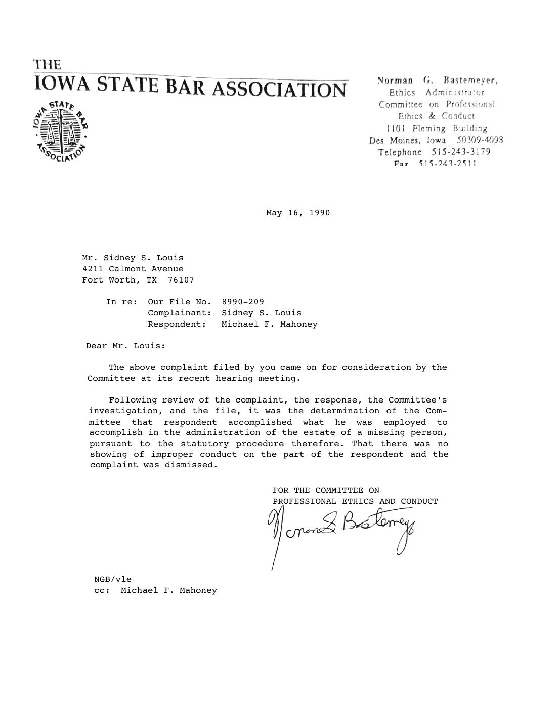 Letter to Sidney Louis, Norman G. Bastemeyer, Committee on Professional Ethics and Conduct, May 16, 1990