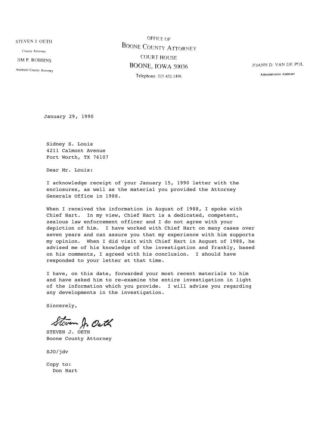 Letter to Sidney Louis, Steven J. Oeth, Boone County Attorney, January 29, 1990