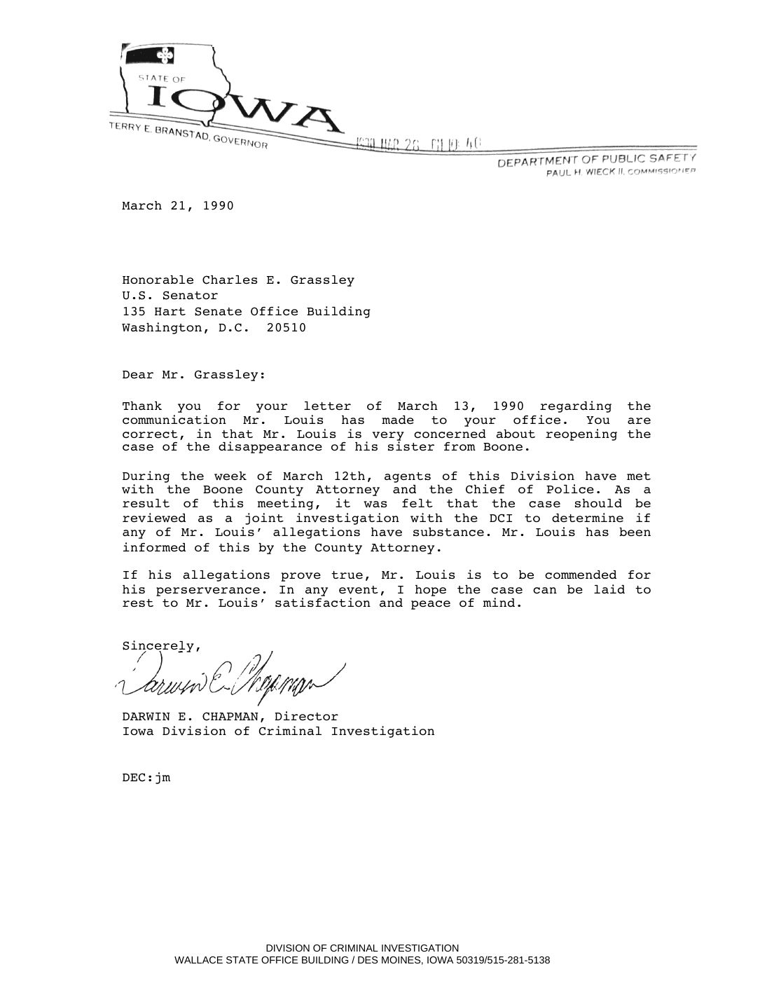 Letter to Senator Grassley, Darwin E. Chapman, Director, Iowa DCI, March 21, 1990