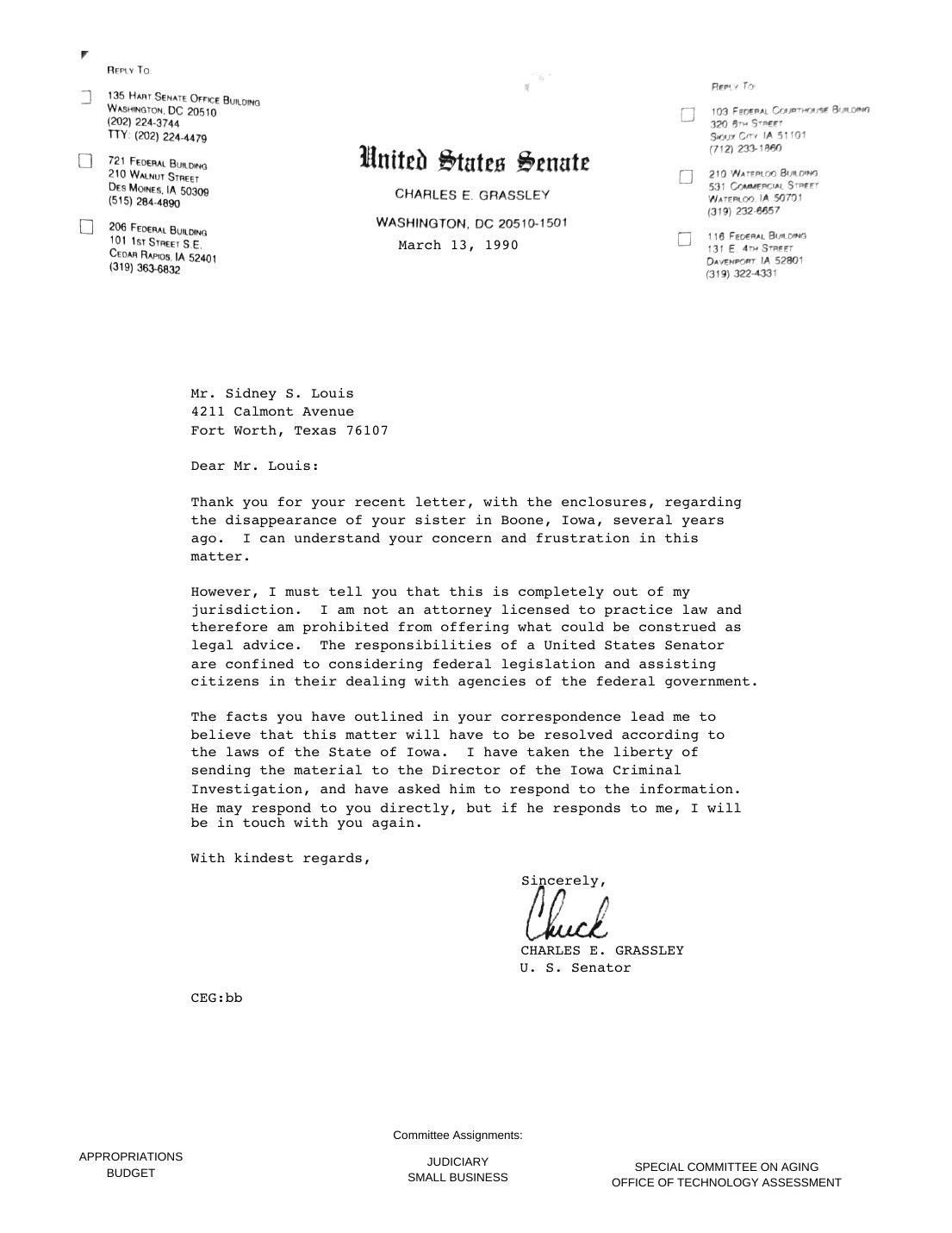 Letter to Sidney Louis, Senator Charles E. Grassley, March 13, 1990