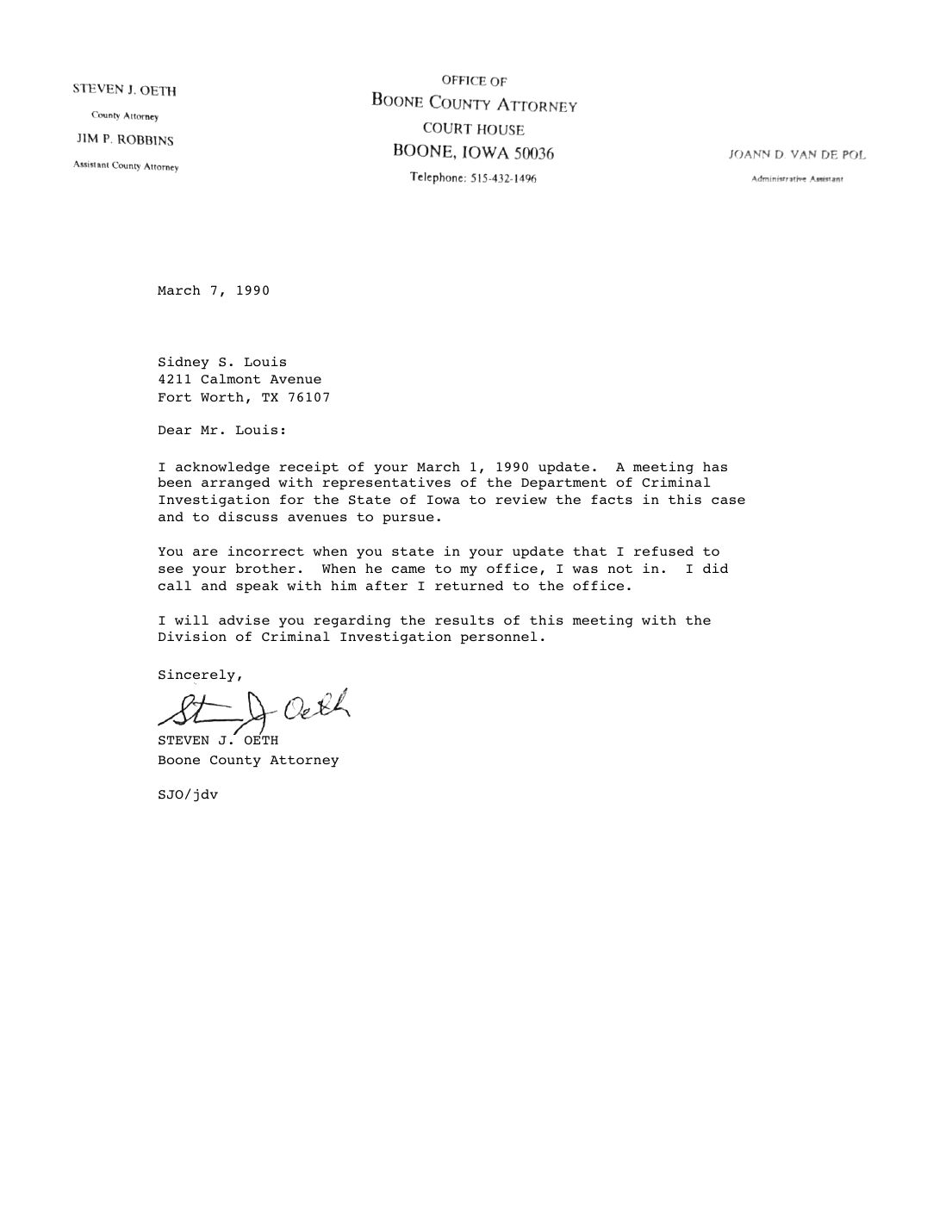 Letter to Sidney Louis, Steven J. Oeth, Boone County Attorney, March 7, 1990