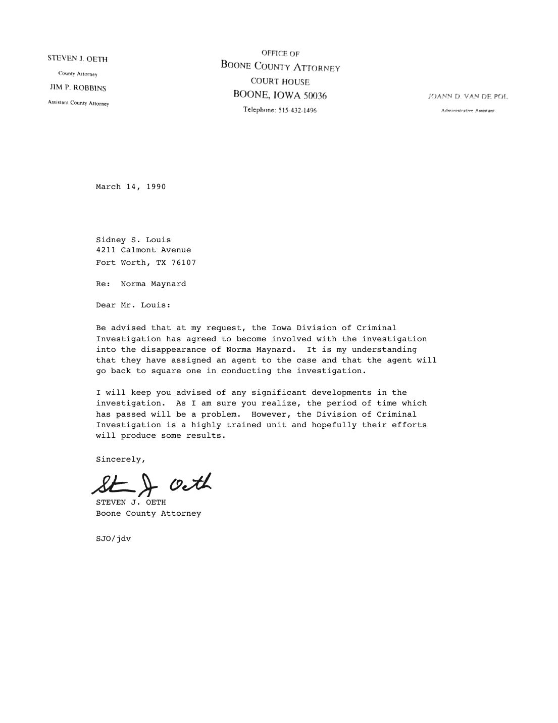Letter to Sidney Louis, Steven J. Oeth, Boone County Attorney, March 14, 1990