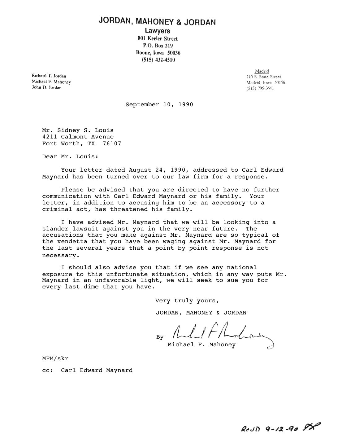 Letter to Sidney Louis, Michael F. Mahoney, Jordan, Mahoney & Jordan, September 10, 1990