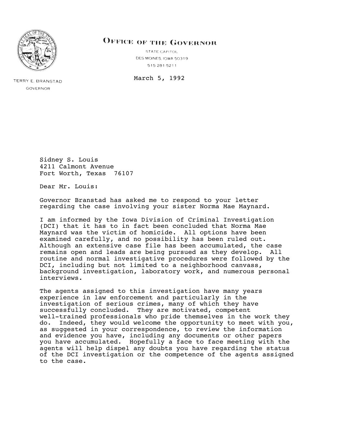 Letter to Sidney Louis, Paula S. Dierenfeld, Office of the Governor, March 5, 1992