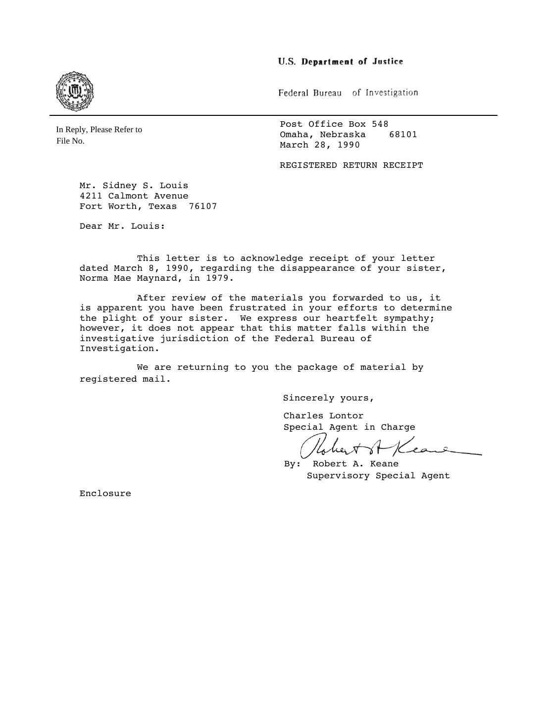 Letter to Sidney Louis, Federal Bureau of Investigation, Omaha, March 28, 1990