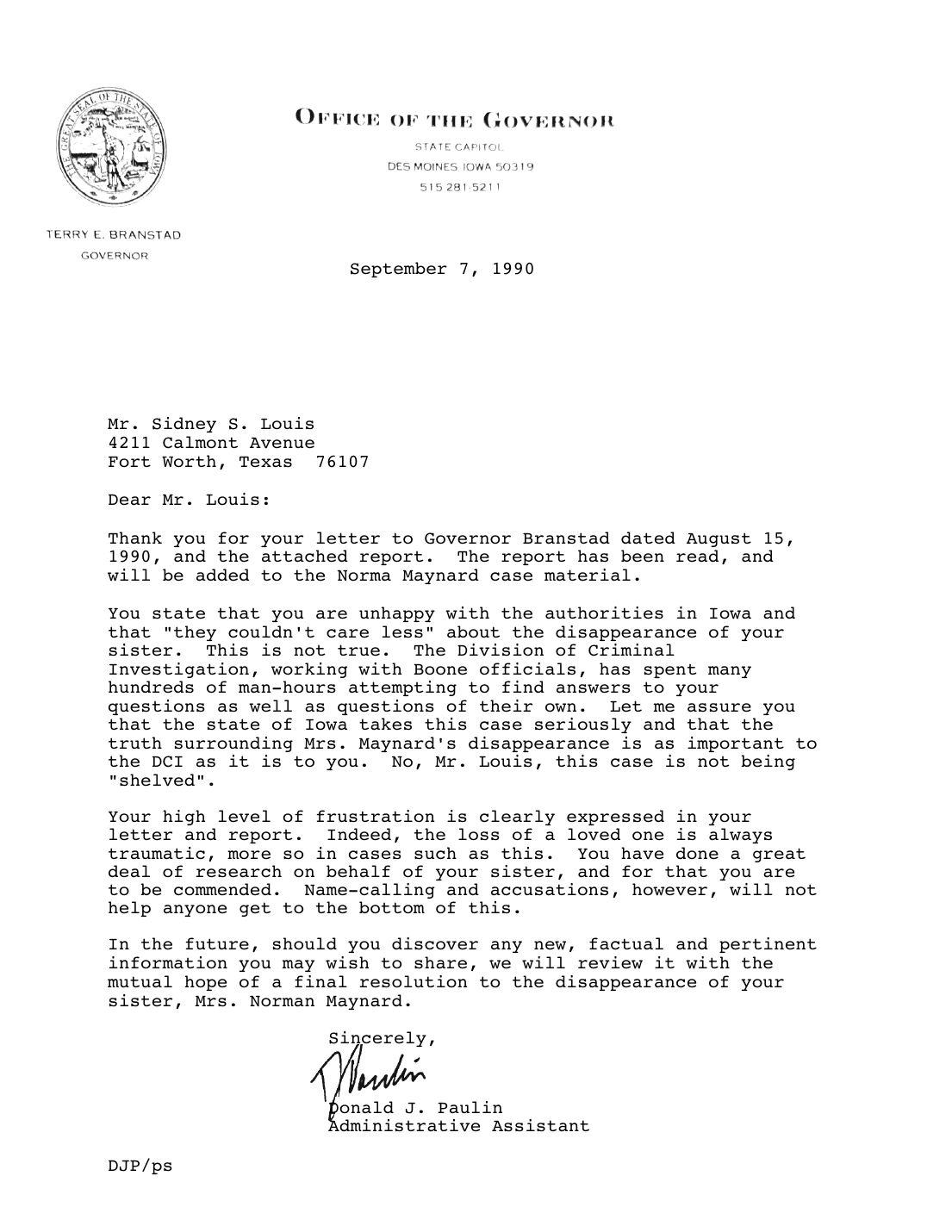 Letter to Sidney Louis, Donald J. Paulin, Office of the Governor, September 7, 1990